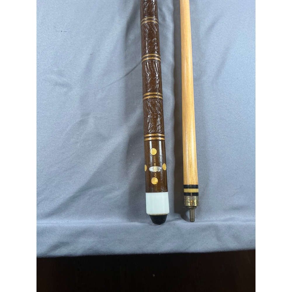Vintage 2 Piece Pool Cue Brown with Dot Inlays and Plaid Soft Case B